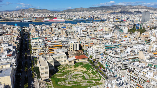 Aerial drone photo of archaeological museum of Piraeus and ancient theatre in small marina of Zea, Piraeus, Attica, Greece