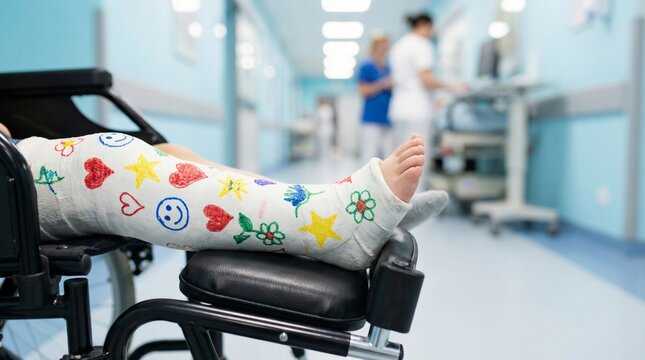 Detailed close-up of a young child&rsquo;s plaster cast decorated with colorful marker drawings, resting on a wheelchair leg support. Softly blurred pediatric hospital hallway in the background.