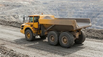 Large Yellow Dump Truck Transporting Material on Mining Site in Quarried Landscape