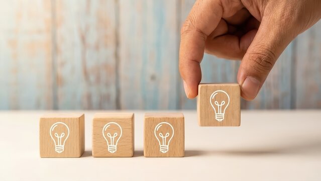 Hand placing a wooden block with a bulb icon to build a new idea and fix a gap using creative thinking.