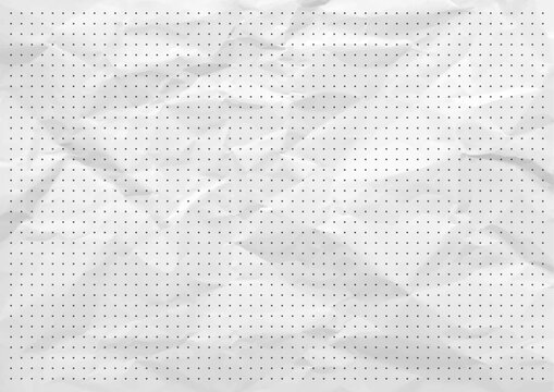 Square grid with dots on crumpled paper texture. Realistic empty blueprint grid with dots on crumpled paper background. Graph texture on horizontal wrinkled white sheet. Vector.