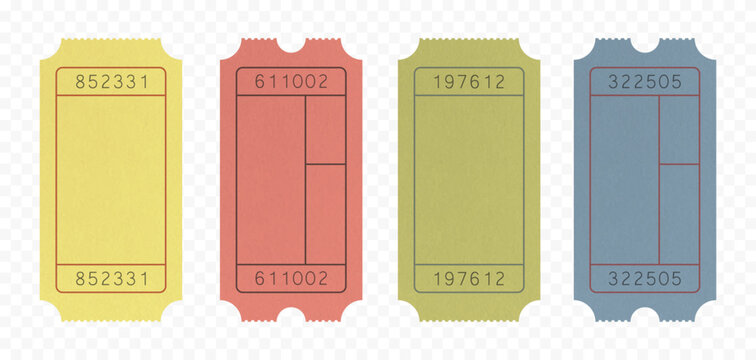 Vintage paper ticket set. Color realistic old tickets from textured paper. Blank retro coupons on transparent background. Vector.