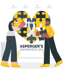 Two people coming together, forming a heart shape with puzzle pieces to represent unity and awareness for Asperger's Day