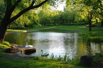 Green park pond with reflections