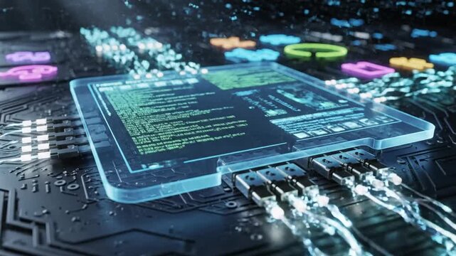 Abstract computer processor with glowing circuits and data flow visualization