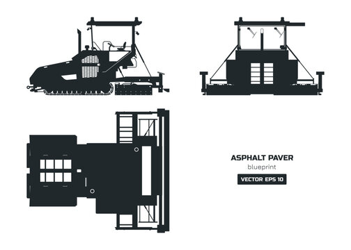 Asphalt paver drawing. Side, top and front views. Industrial road machine silhouette. Urban building vehicle template. Isolated roadwork equipment