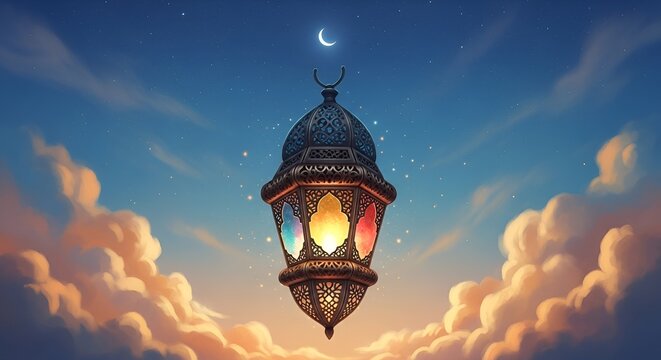 Intricate Islamic Lantern with Colorful Glowing Panels and Crescent Moon in a Dreamy Cloudy Sky, Ramadan Celebration and Islamic Culture Concept, Digital Art