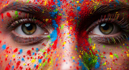 Close up of woman eyes with colorful holi powder paint on face, creative makeup for holi festival, artistic beauty background with vibrant splatters