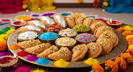 Traditional Indian sweets arranged on decorative tray for celebration  