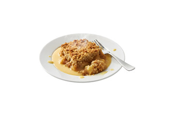 A plate of apple crumble and custard with a fork, set against a white background.


