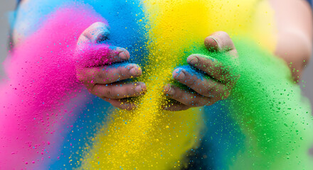 Hands holding and throwing colorful holi powder, vibrant paint clouds in palms, traditional indian festival of colors celebration background
