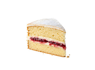 A piece of Victoria sponge cake - white background