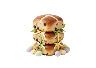A pile of Easter hot cross buns against a clean white backdrop

