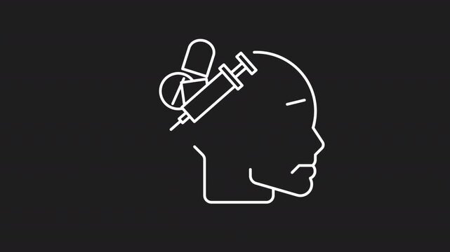 Drug Addiction and Substance Abuse Concept White Line Icon Animation. Human Head Profile With Pills, Capsule and Syringe Injection. Mental Health, Medication and Overdose. Transparent Background.