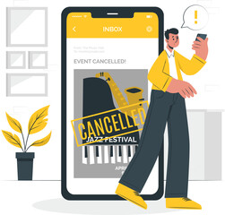 Man viewing cancelled festival notification on mobile phone indoors with modern decor