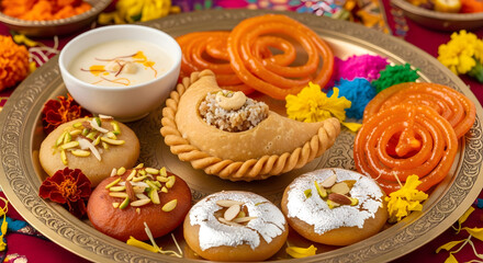 Traditional Indian sweets platter for Holi festival with gujiya, jalebi and rabri, festive thali dessert background with colorful powder and copy space