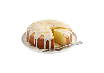 A studio shot of a lemon drizzle cake against a white background


