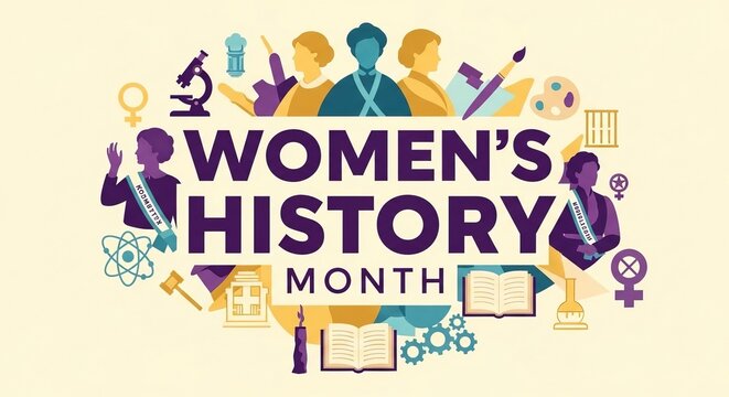 Women's History Month celebration diverse group illustration flat design purple theme