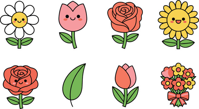 Cute kawaii flower characters vector illustration set, smiling rose tulip sunflower icons, cartoon floral collection