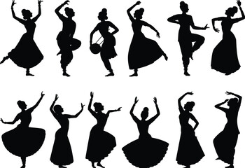 Female dance silhouettes collection, traditional cultural performance poses, graceful dancer illustration set, artistic movement concept, elegant women isolated