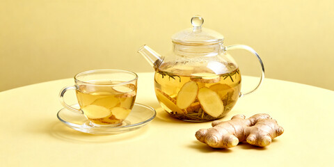 Glass teacup and teapot filled with ginger herbal tea