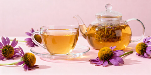 Glass teacup and teapot filled with echinacea herbal tea