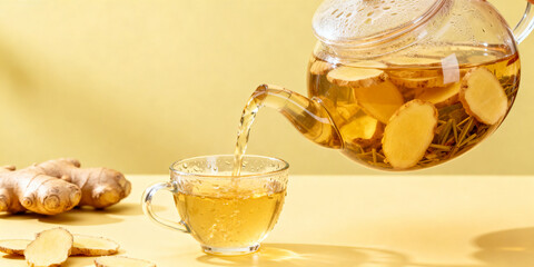 Pouring ginger herbal tea into a glass teacup