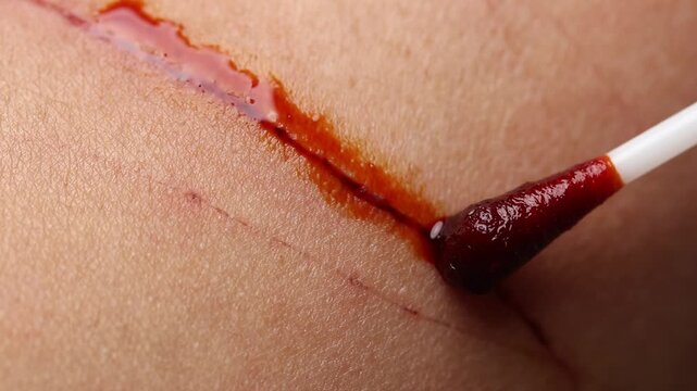 Use a cotton swab dipped in red povidone iodine to apply to the wound on the human skin. Close-up shot