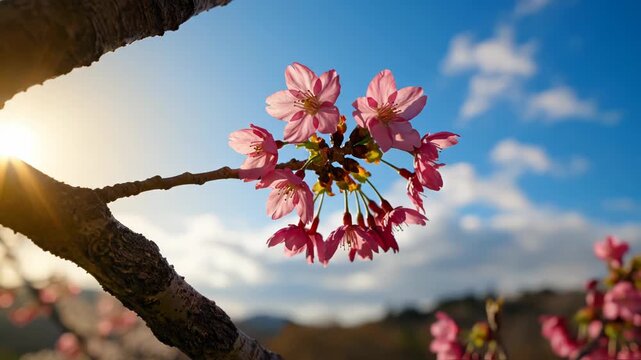 Pink cherry blossoms on a tree branch with a blue sky and sun in the background with clouds