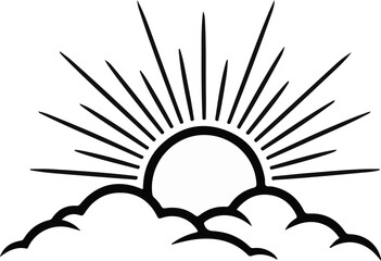Stylized sun bursting from behind clouds with radiating lines