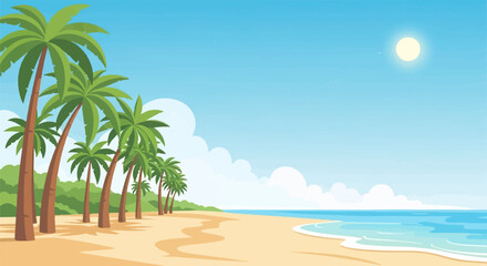 Fototapeta premium Sunny beach with palm trees, gentle waves, and blue sky