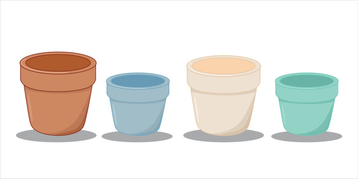 Set of four empty flower pots in simple flat vector style. Minimal garden containers isolated on white background. Perfect for spring illustrations, planting concepts, gardening design, stickers and t