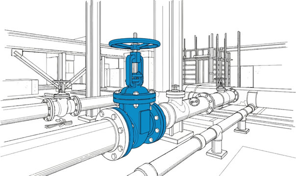 Technical illustration of industrial piping system with a prominent blue valve