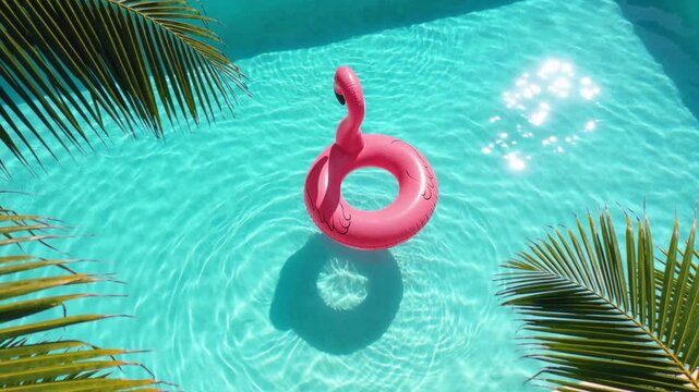 Pink flamingo pool float top view crystal clear turquoise water tropical palm trees summer vacation paradise horizontal footage