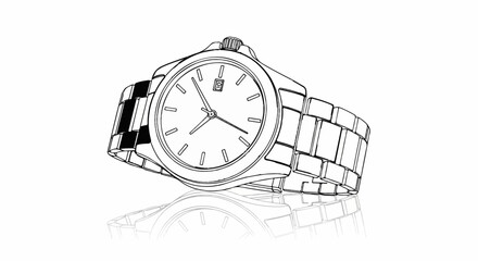 Stylized outline drawing of a wristwatch with metal band, reflected