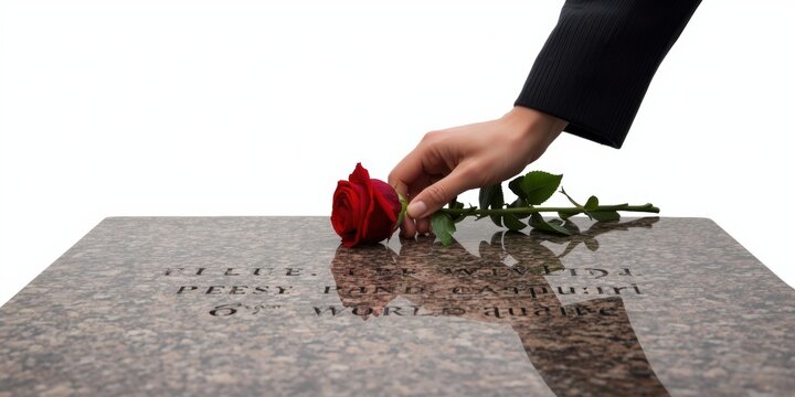 A person placing a red rose on a polished black gravestone.
