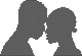 Pixelated silhouette of two people kissing digital art