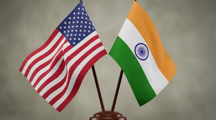 Iconic textile representations of the United States of America flag and the Republic of India flag displayed together on stands.