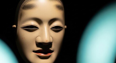 Noh mask with white face, black eyes and red lips &mdash; ideal for Japanese theatre, cultural study and artistic reference.