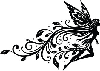 Fototapeta premium Mystical enchanting fairy silhouette in graceful flight with intricate botanical swirls, ideal for whimsical decorative designs
