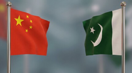 Waving national flags of China and Pakistan symbolize diplomatic relations and political partnership against a soft, muted background.