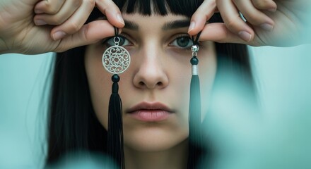 Woman holding two decorative pendants with geometric patterns and tassels &mdash; ideal for fashion, jewelry and artistic portrait.
