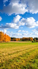A vibrant autumn landscape shows a golden meadow under a partly cloudy, bright blue sky. Yellow trees line the horizon