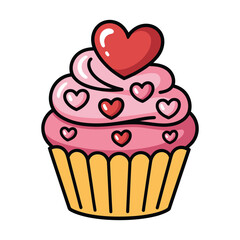 Cute pink cupcake with red hearts illustration for valentines day or love celebration