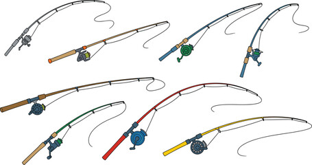 Fototapeta premium Large set of colorful fishing rods and spinning reels in various styles and positions isolated on white background for outdoor hobby, sport fishing, and angling gear design.