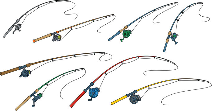 Large set of colorful fishing rods and spinning reels in various styles and positions isolated on white background for outdoor hobby, sport fishing, and angling gear design.