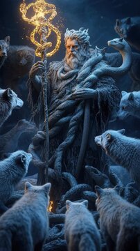 Enigmatic sorcerer commanding wolves and dragon serpents illuminated by magical fire