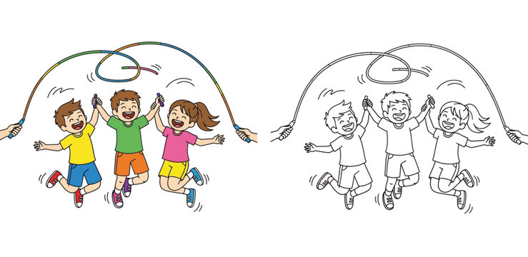 Happy children jumping rope together. Vector illustration of kids playing double dutch sport activity. Coloring book page outline and colorful version isolated on white background.