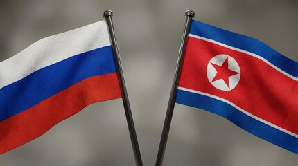 Realistic depiction of the waving Russian and North Korean national flags displayed side-by-side on small poles for international diplomacy.