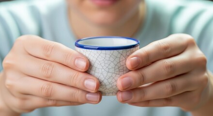 Tea ceremony ritual: hands holding ceremonial ceramic cup with crackle glaze and blue rim &mdash; ideal for mindfulness and traditional beverage practice